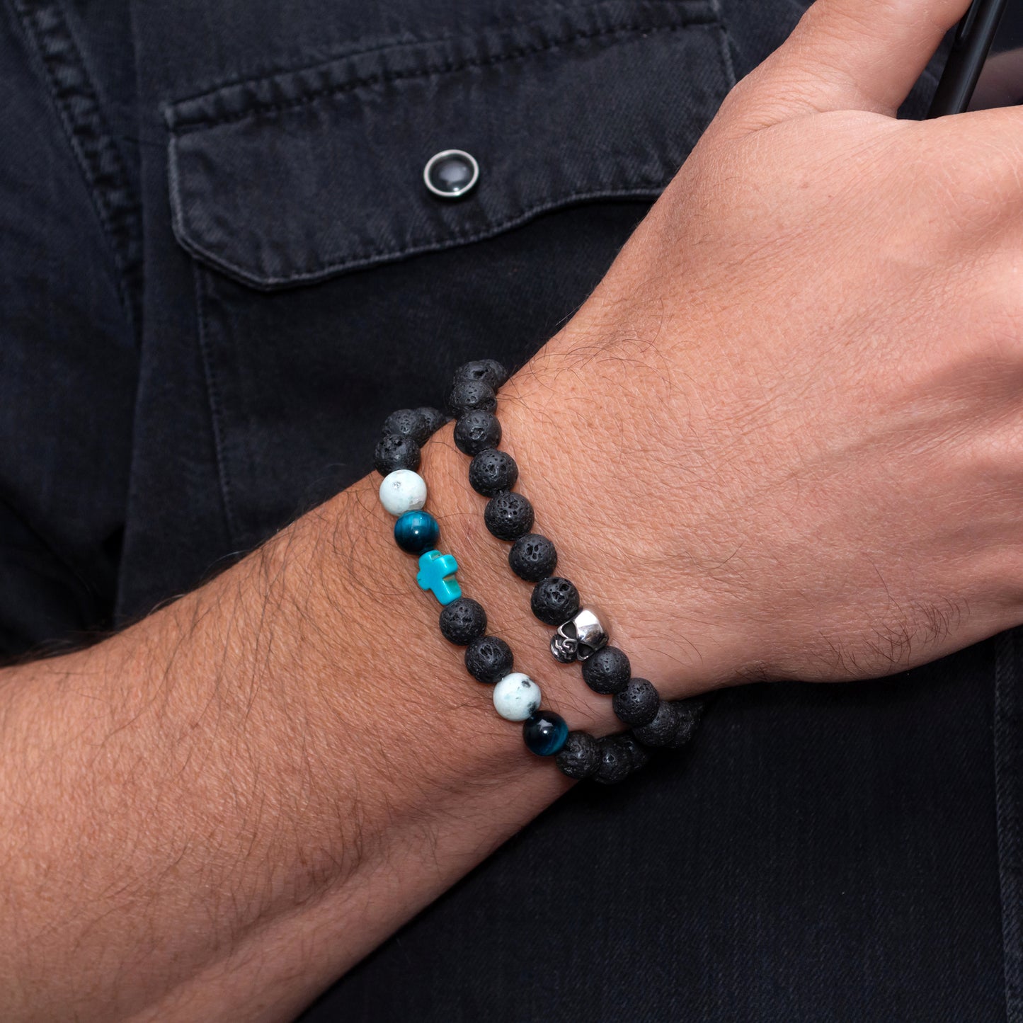 Lava Stone, Blue Tiger Eye, Turquoise Cross, and Stainless Steel Skull Bracelet Set for Men