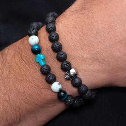 Lava Stone, Blue Tiger Eye, Turquoise Cross, and Stainless Steel Skull Bracelet Set for Men