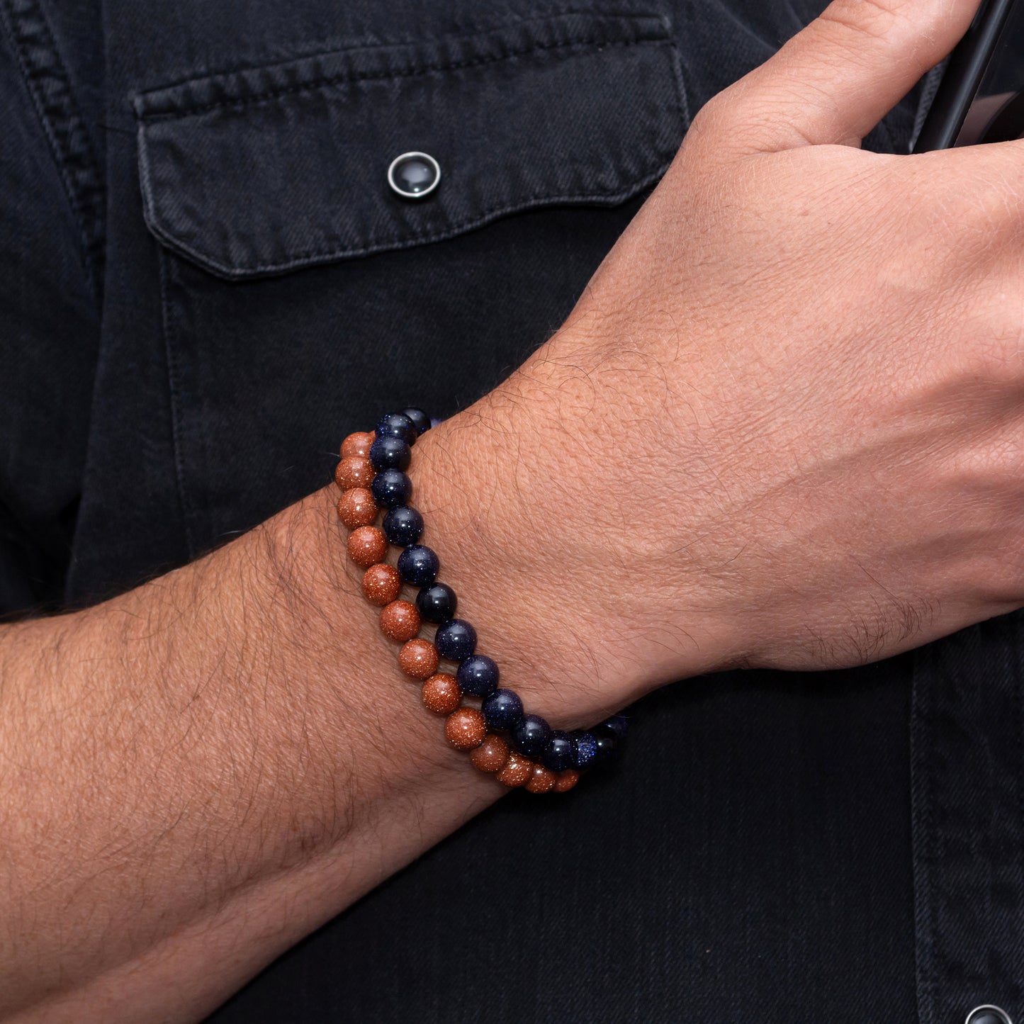 Blue Goldstone and Goldstone Bracelet Set for Men