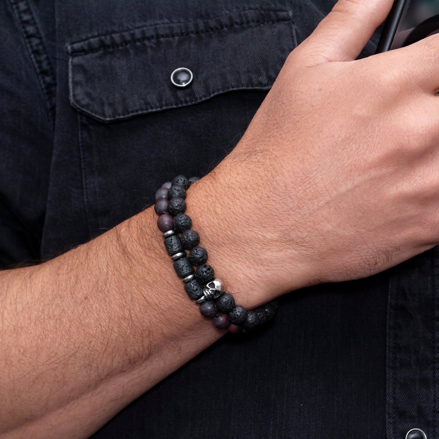 Lava Stone, Brecciated Jasper, and Stainless Steel Skull Bracelet Set for Men