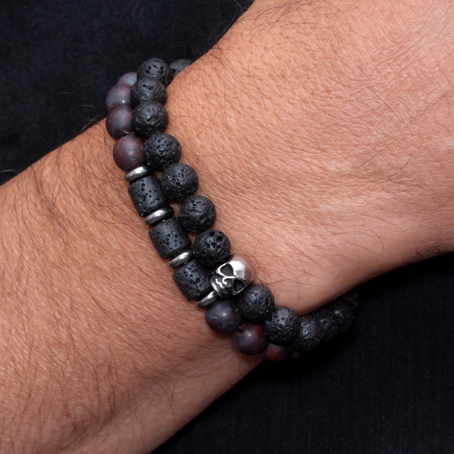 Lava Stone, Brecciated Jasper, and Stainless Steel Skull Bracelet Set for Men