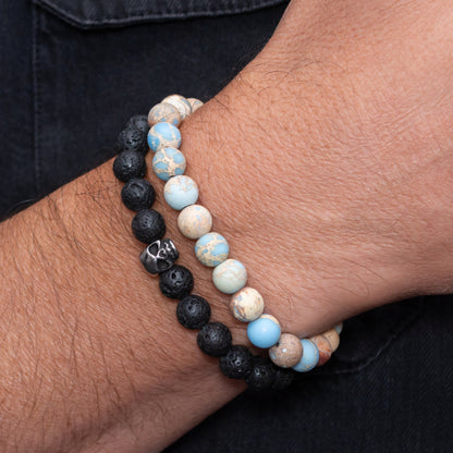 Lava Stone and Imperial Jasper Bracelet Set with Stainless Steel Skull