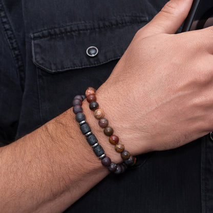 Brecciated Jasper, Lava Rock, and Polychrome Jasper Bracelet Set for Men