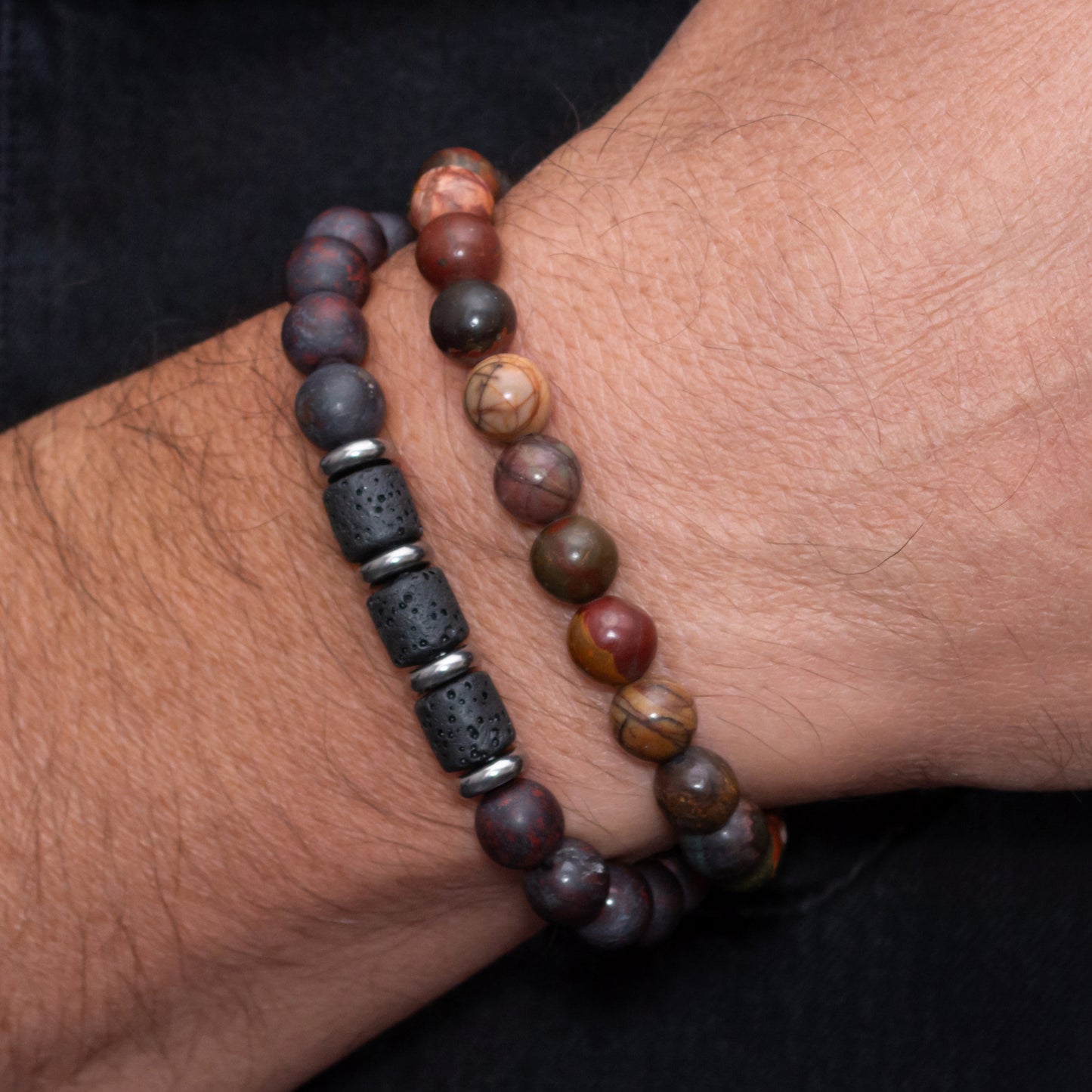 Brecciated Jasper, Lava Rock, and Polychrome Jasper Bracelet Set for Men