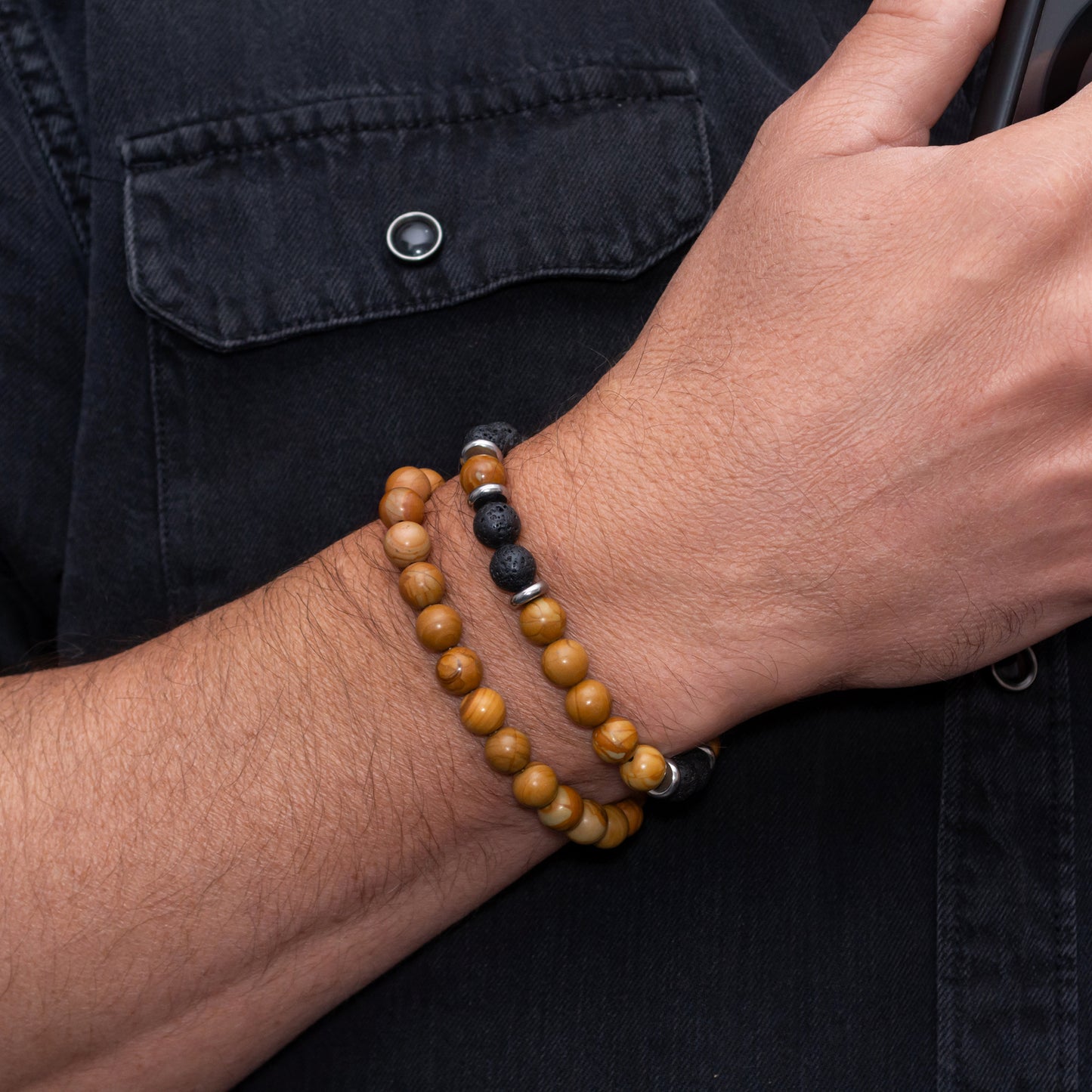 Lava Stone and Wood Lace Stone Bracelet Set for Men