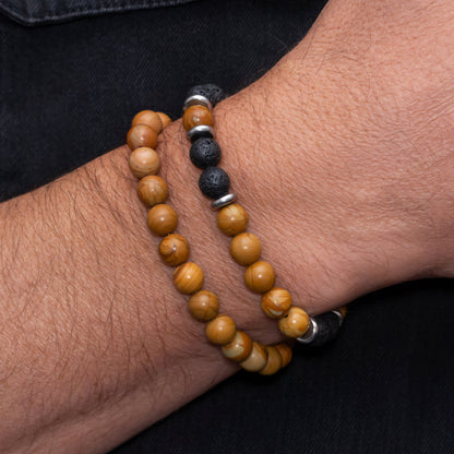 Lava Stone and Wood Lace Stone Bracelet Set for Men