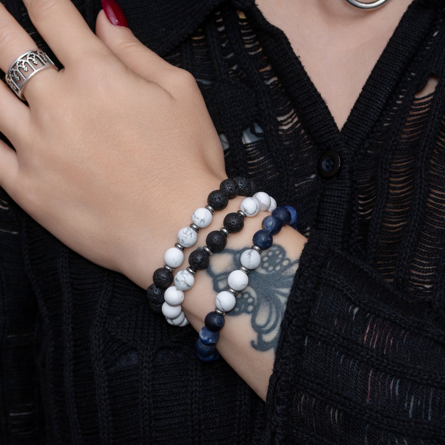 Trio Bracelet Set for Women: Lava Stone, Sodalite, and Howlite