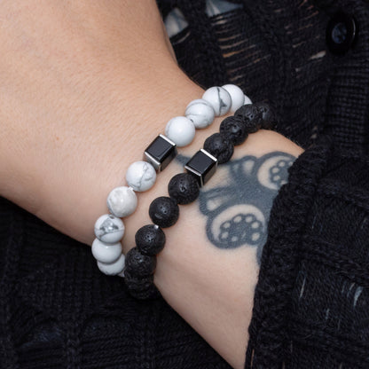 Lava Stone, Howlite, and Black Onyx Cube Bracelet Set for Women