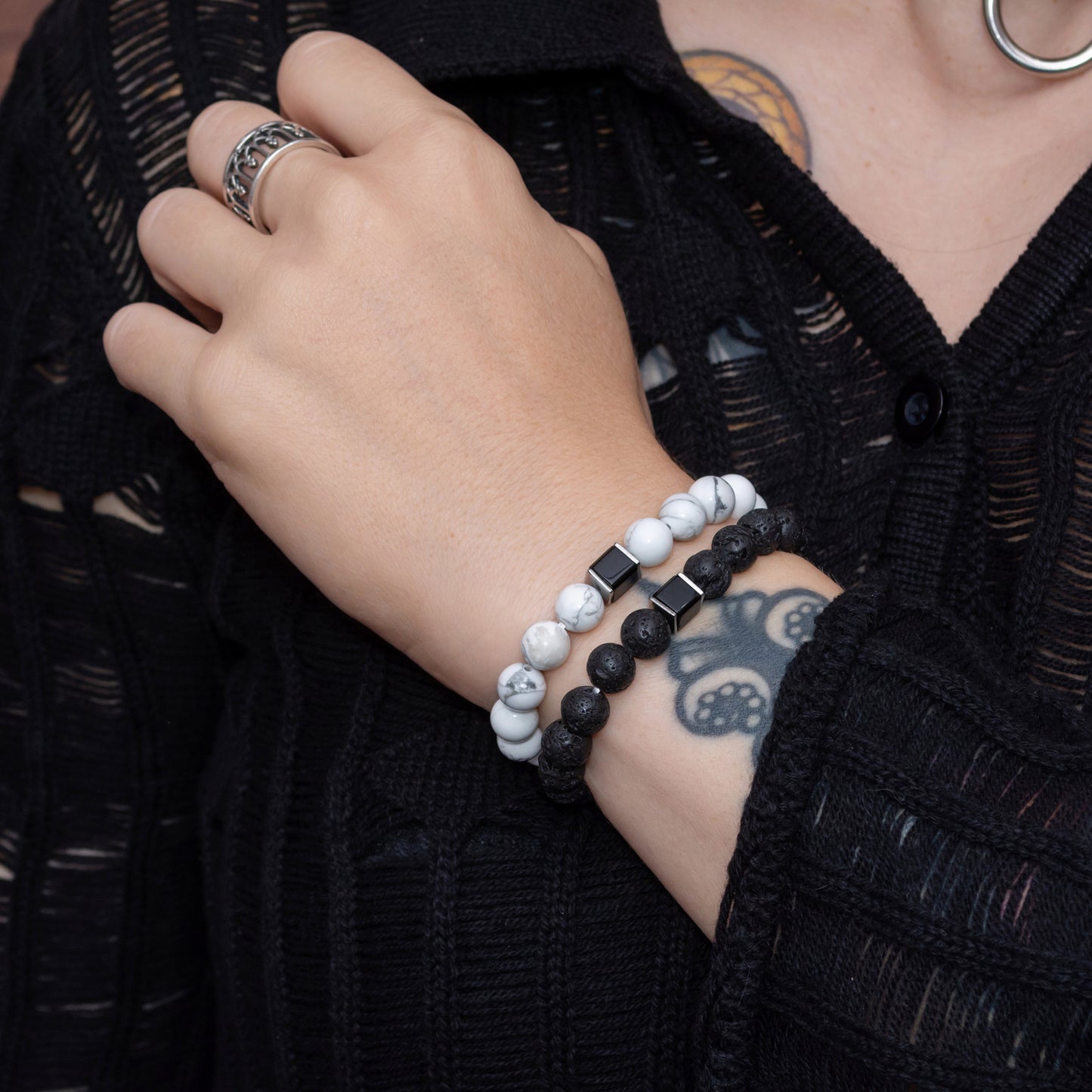 Lava Stone, Howlite, and Black Onyx Cube Bracelet Set for Women