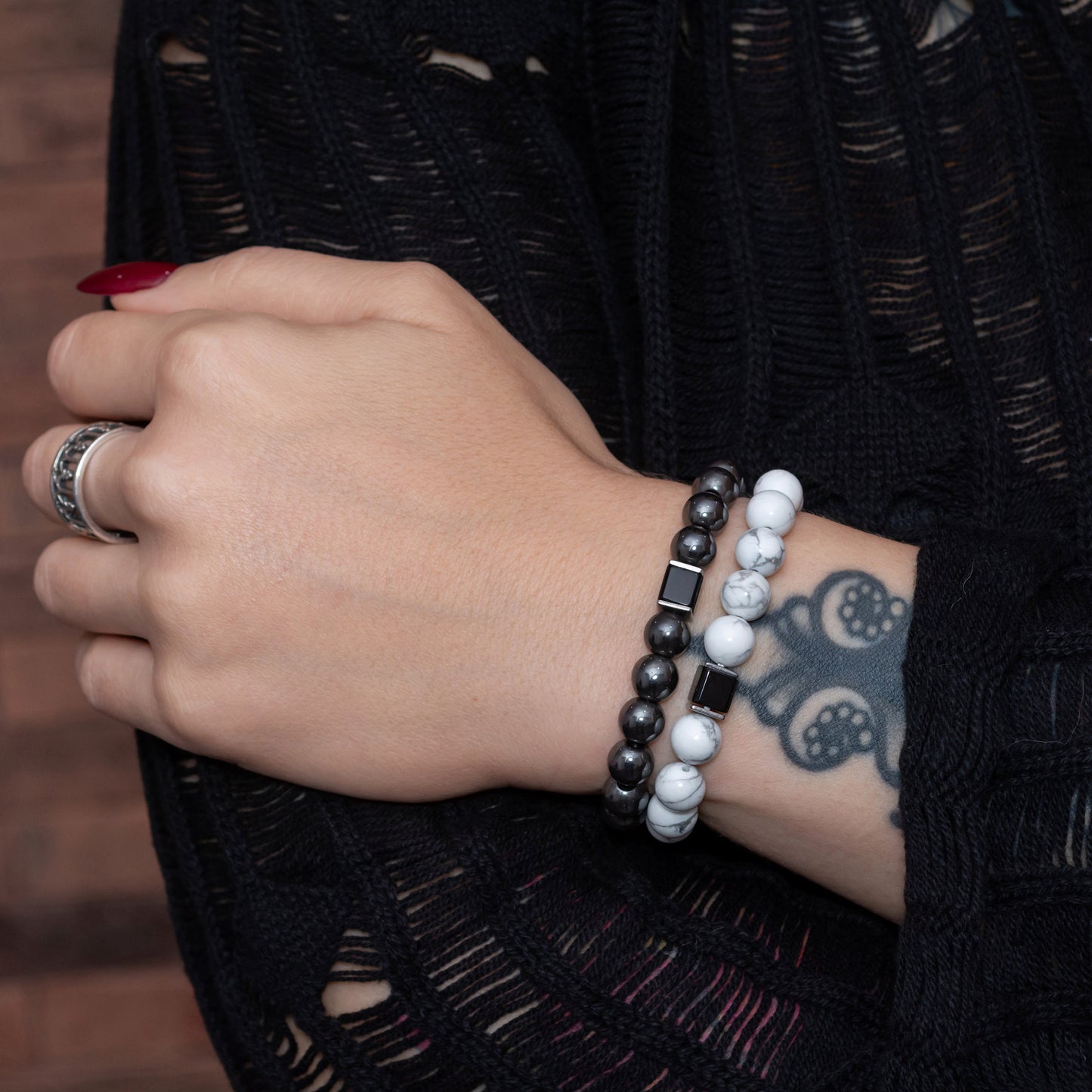 Howlite, Hematite, and Black Onyx Cube Bracelet Set for Women