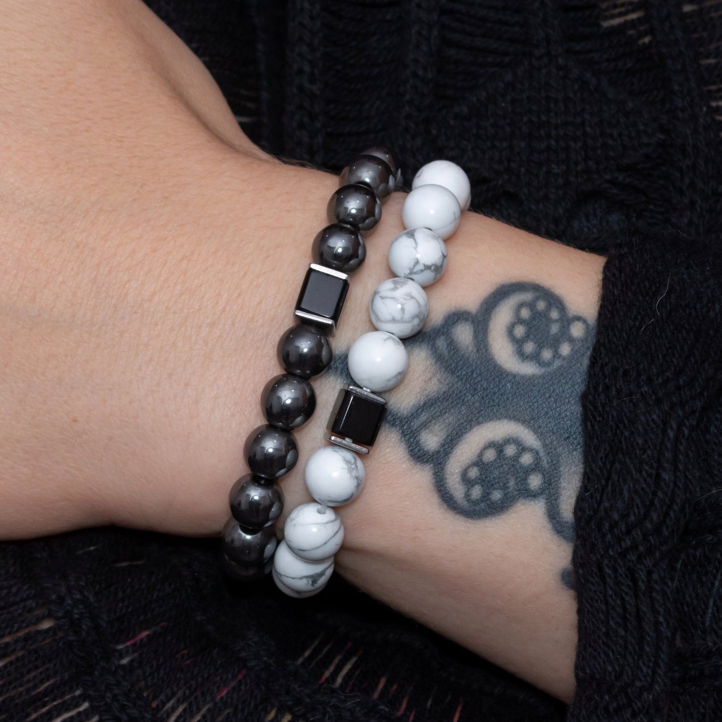 Howlite, Hematite, and Black Onyx Cube Bracelet Set for Women