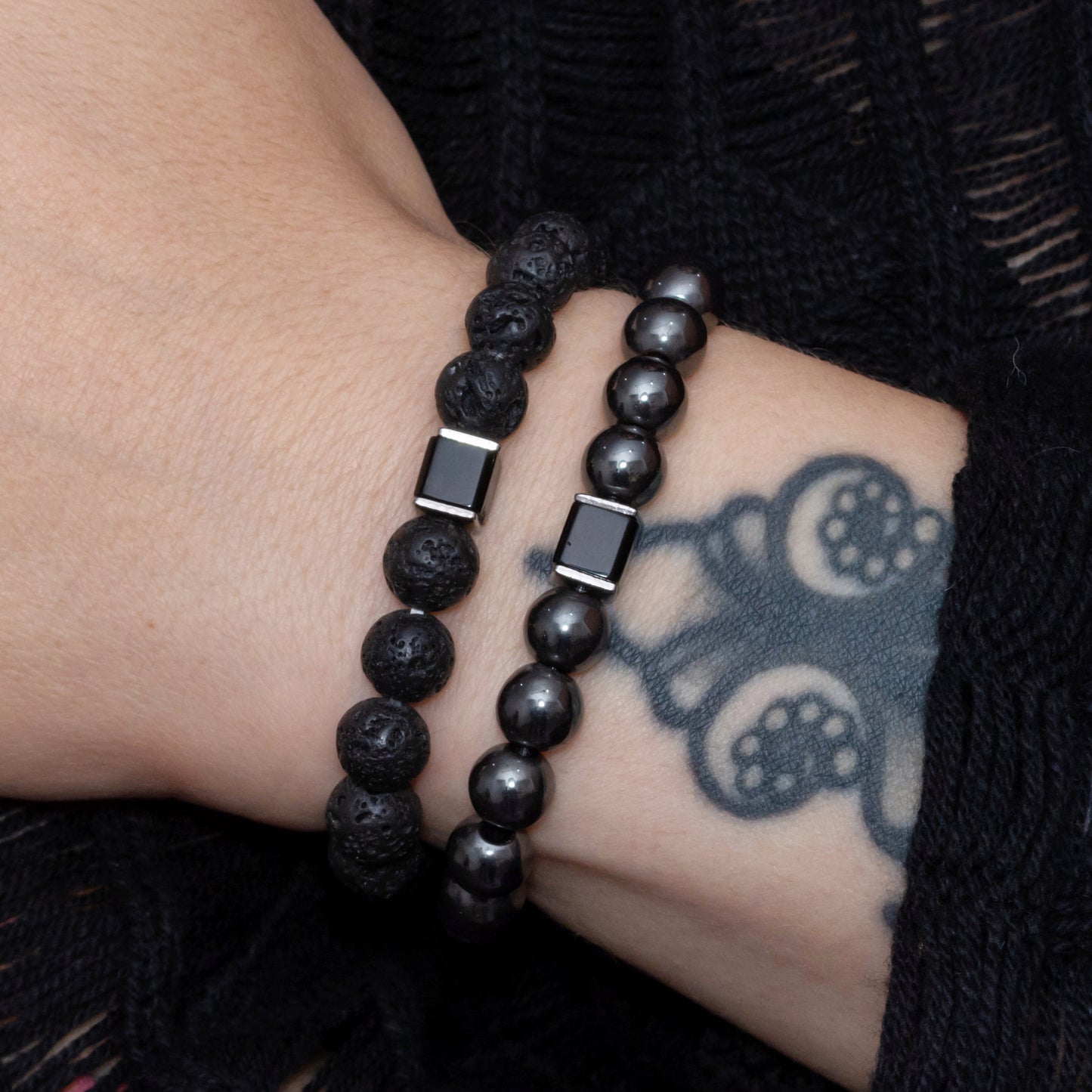 Lava Stone, Hematite, and Black Onyx Cube Bracelet Set for Women