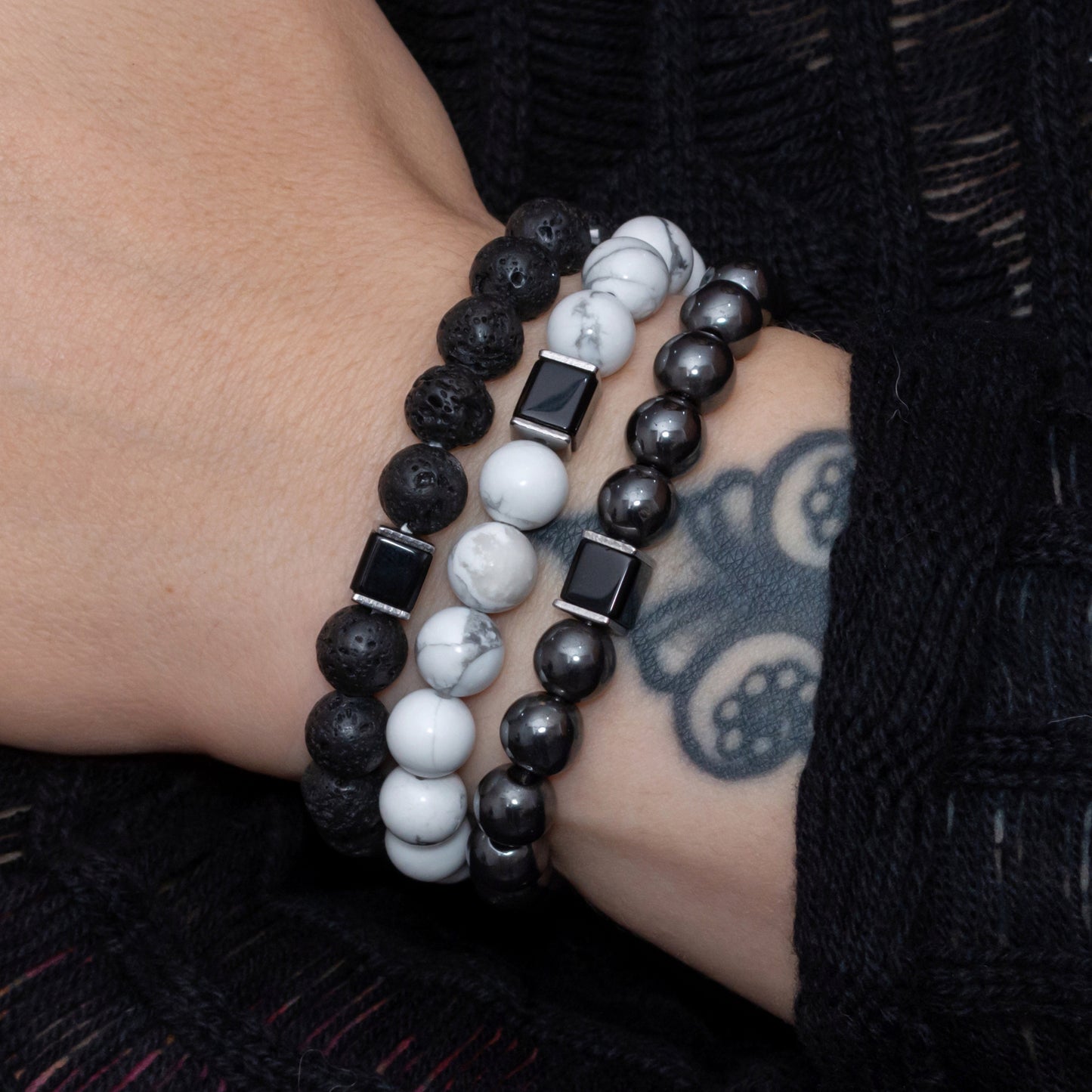 Lava Stone, Howlite, Hematite, and Black Onyx Cube Bracelet Set for Women