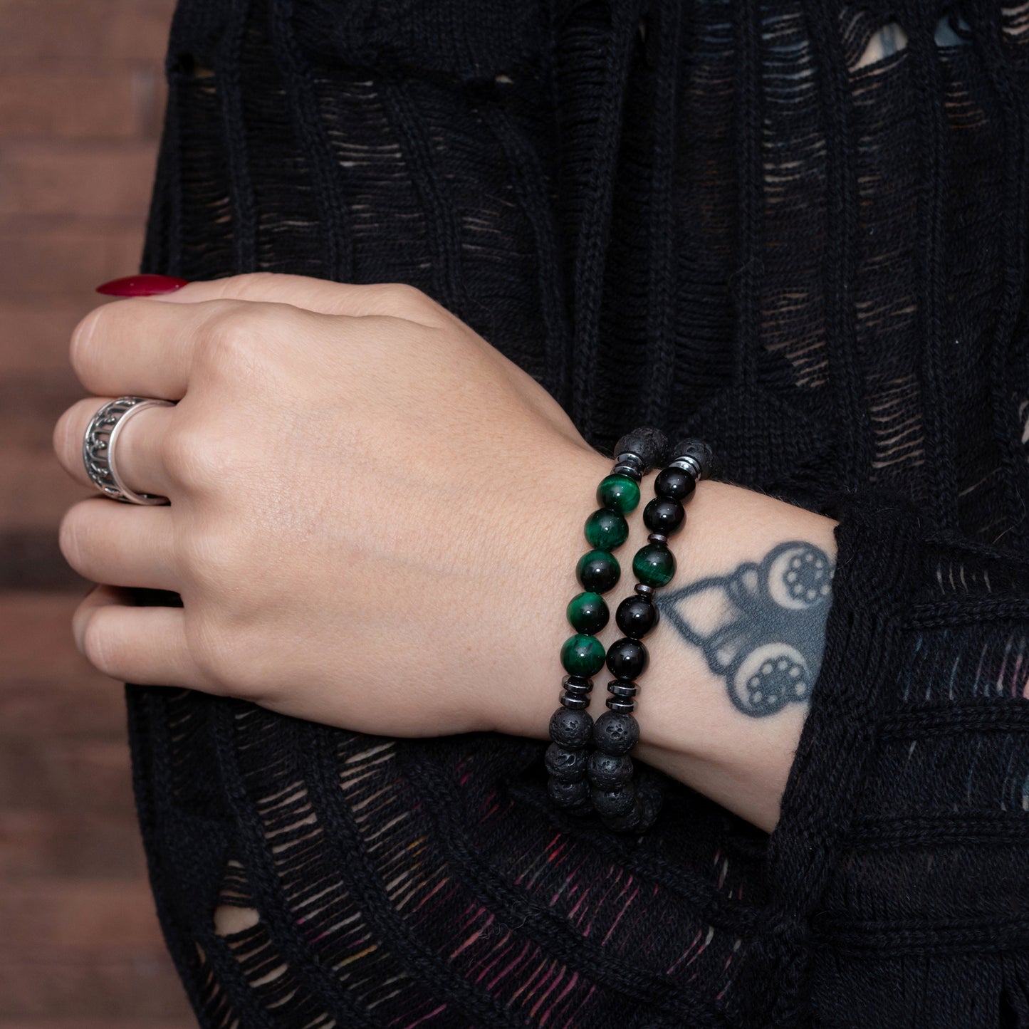 Lava Stone, Hematite, and Green Tiger Eye Bracelet Set for Women