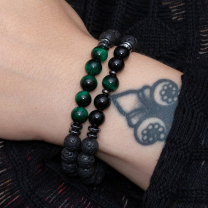 Lava Stone, Hematite, and Green Tiger Eye Bracelet Set for Women