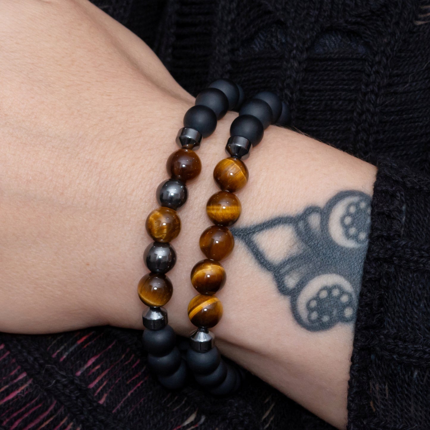 Black Agate, Hematite, and Goldenrod Tiger Eye Bracelet Set for Women