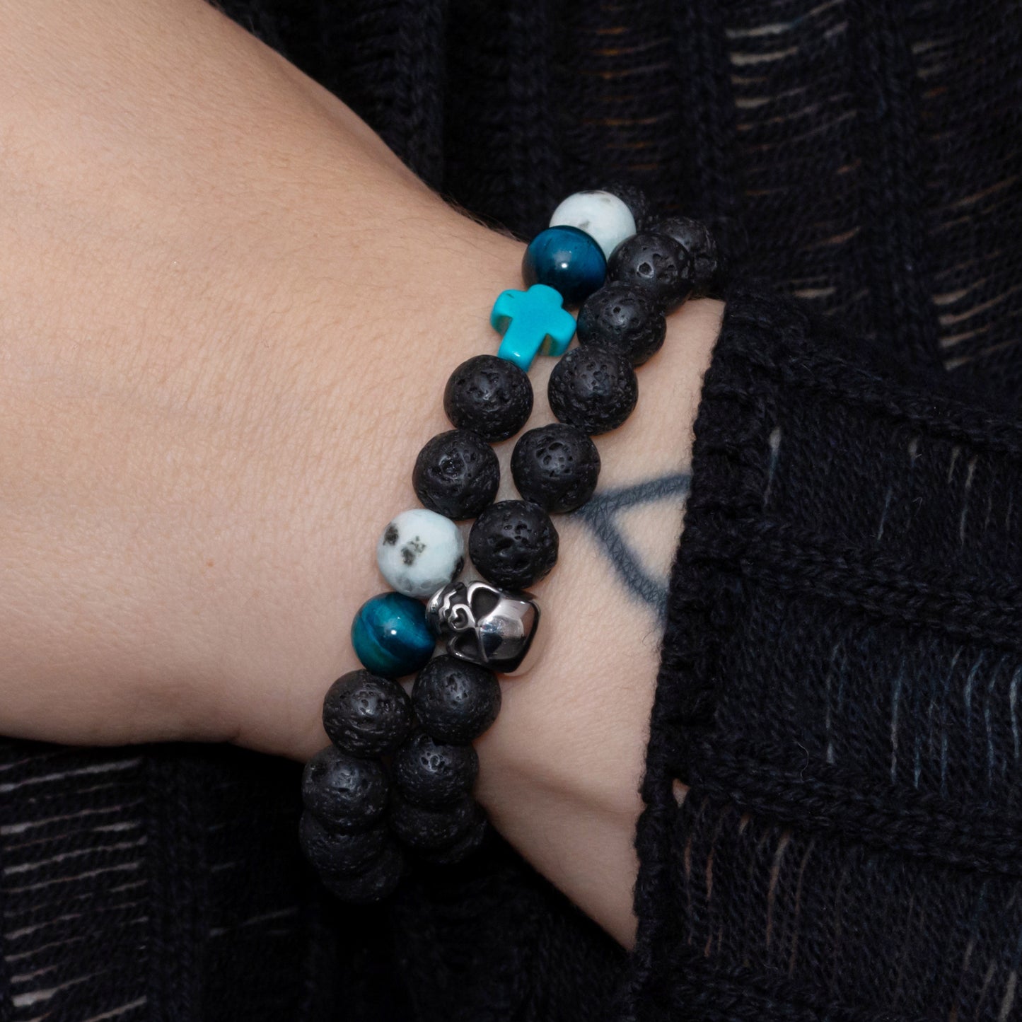 Lava Stone, Blue Tiger Eye, Turquoise Cross, and Stainless Steel Skull Bracelet Set for Women