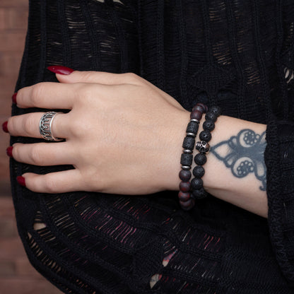 Lava Stone, Brecciated Jasper, and Stainless Steel Skull Bracelet Set for Women