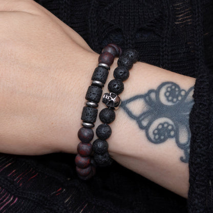 Lava Stone, Brecciated Jasper, and Stainless Steel Skull Bracelet Set for Women