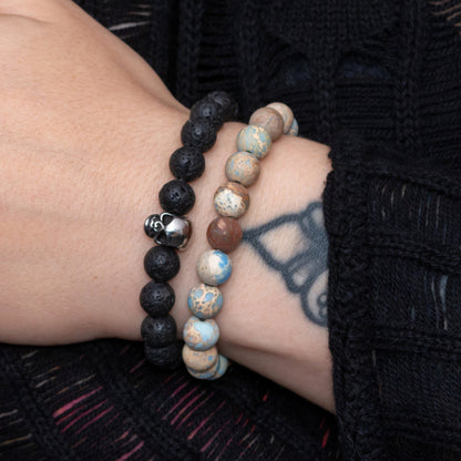 Lava Stone and Imperial Jasper Bracelet Set with Stainless Steel Skull