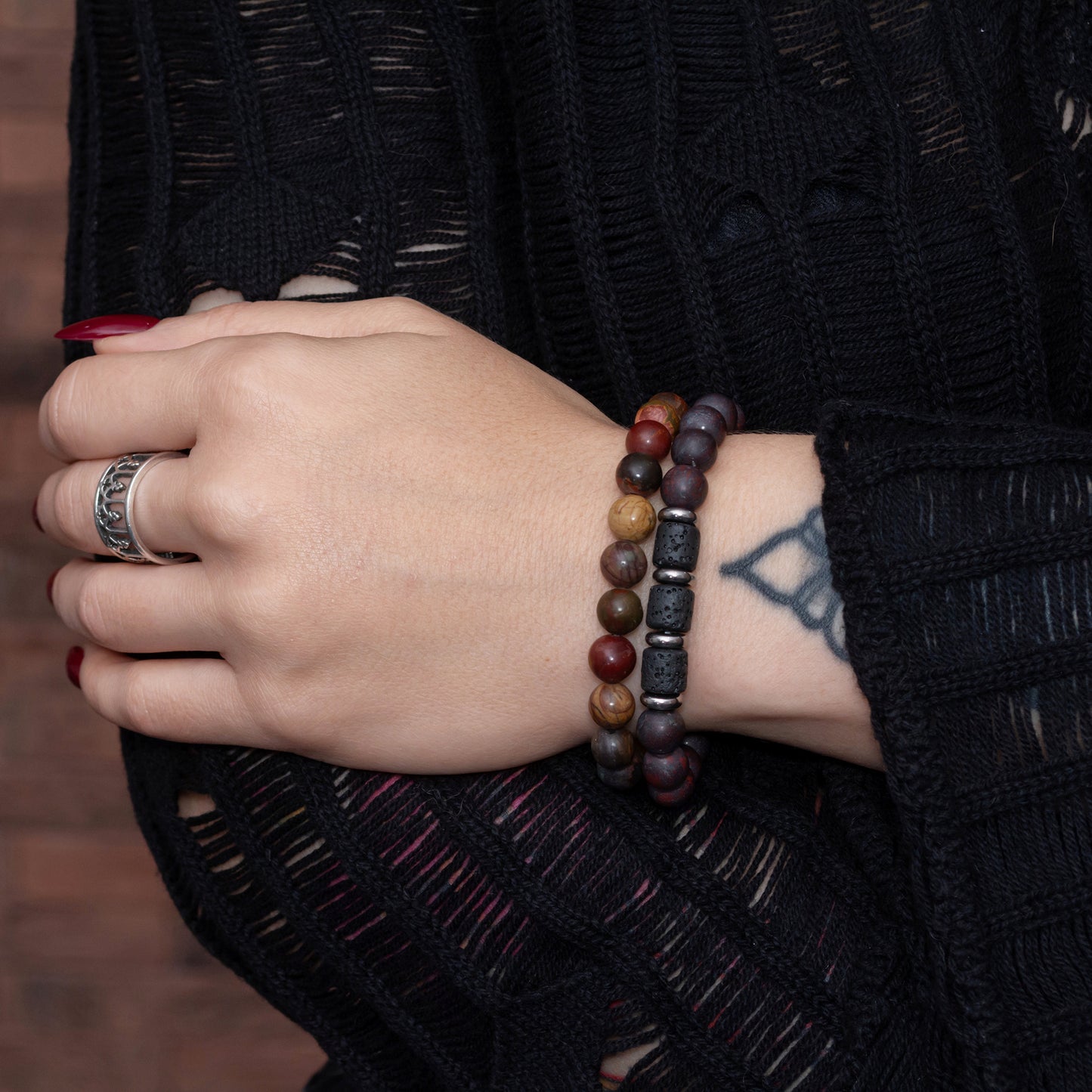 Brecciated Jasper, Lava Rock, and Polychrome Jasper Bracelet Set for Women