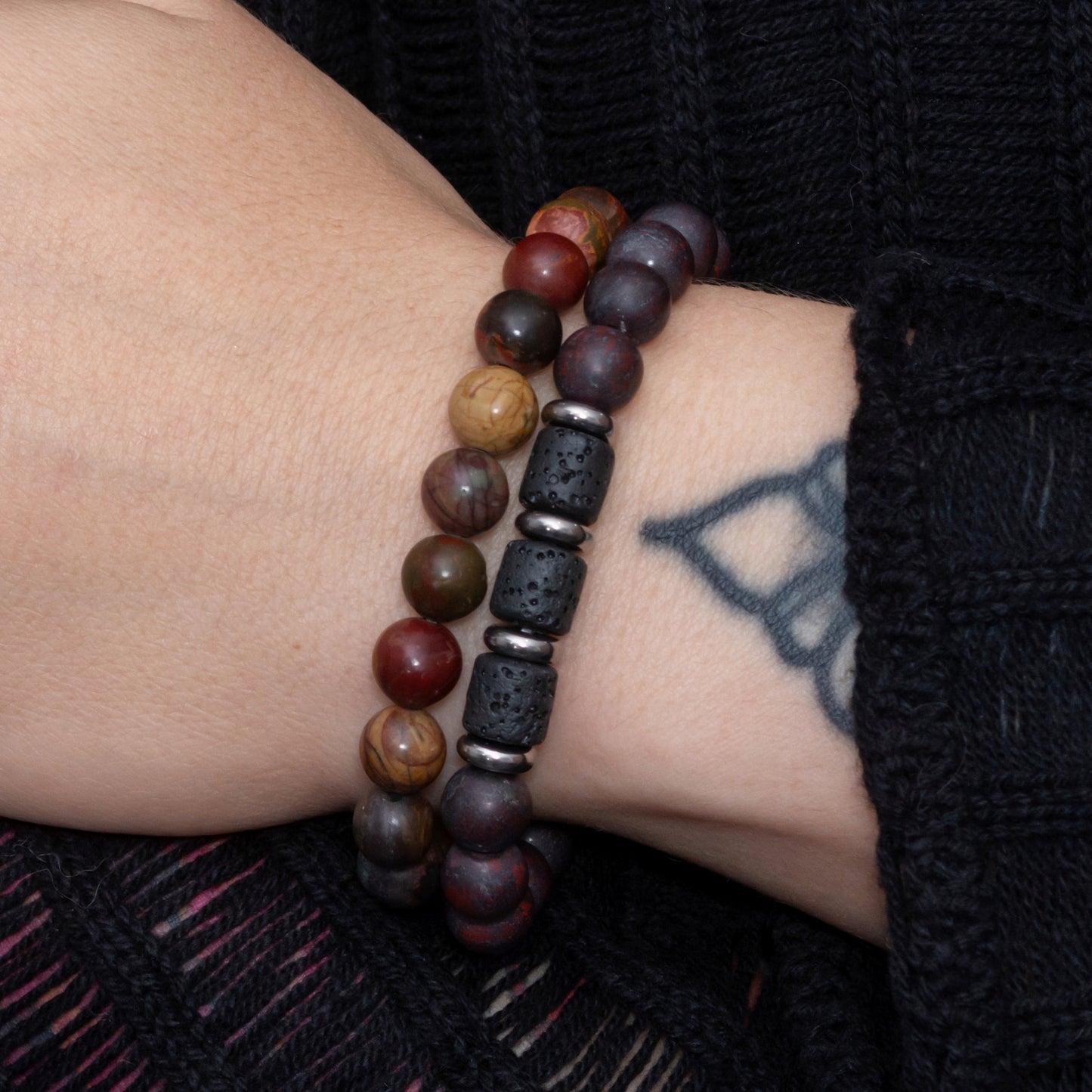 Brecciated Jasper, Lava Rock, and Polychrome Jasper Bracelet Set for Women