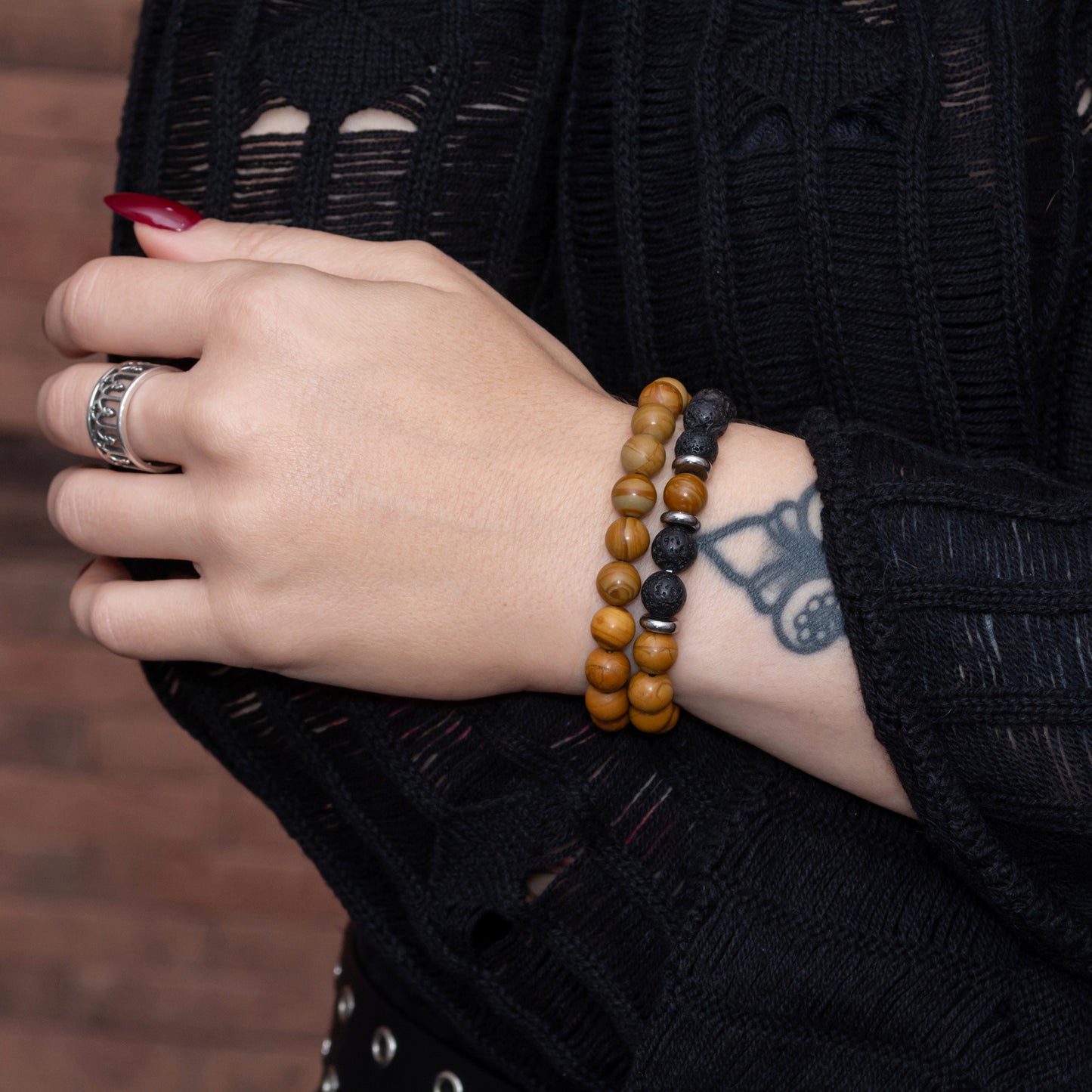 Lava Stone and Wood Lace Stone Bracelet Set for Women