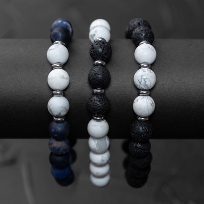 Trio Bracelet Set for Men: Lava Stone, Sodalite, and Howlite