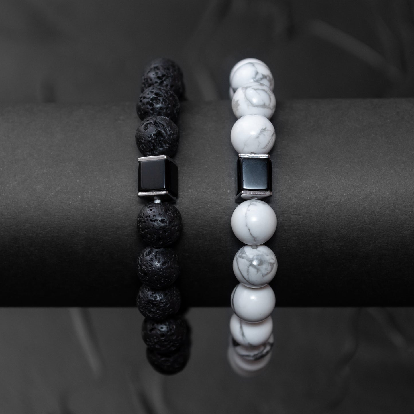 Lava Stone, Howlite, and Black Onyx Cube Bracelet Set for Men