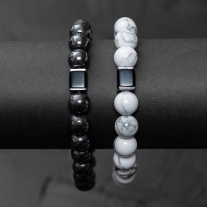 Howlite, Hematite, and Black Onyx Cube Bracelet Set for Women