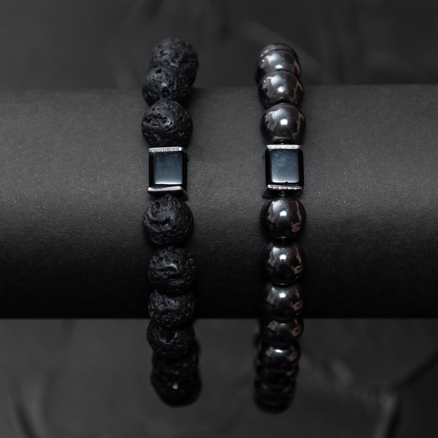 Lava Stone, Hematite, and Black Onyx Cube Bracelet Set for Women