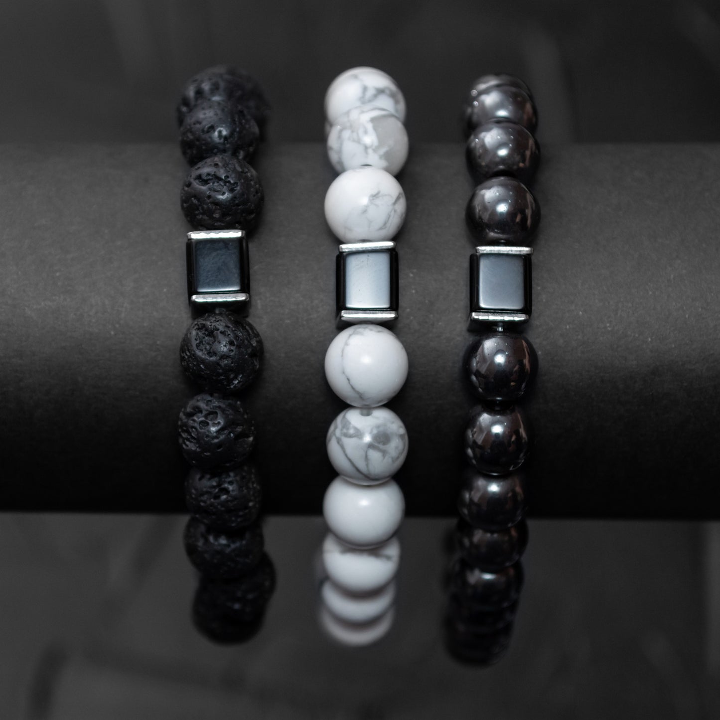 Lava Stone, Howlite, Hematite, and Black Onyx Cube Bracelet Set for Men