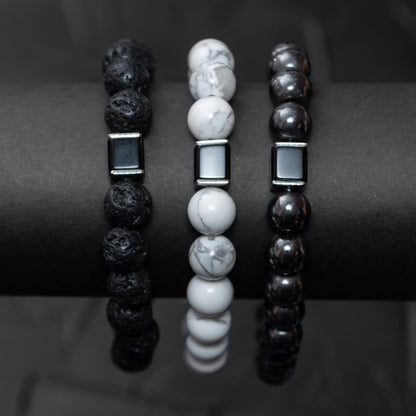 Lava Stone, Howlite, Hematite, and Black Onyx Cube Bracelet Set for Women