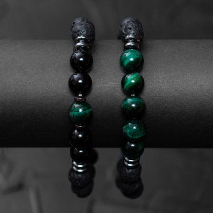 Lava Stone, Hematite, and Green Tiger Eye Bracelet Set for Men