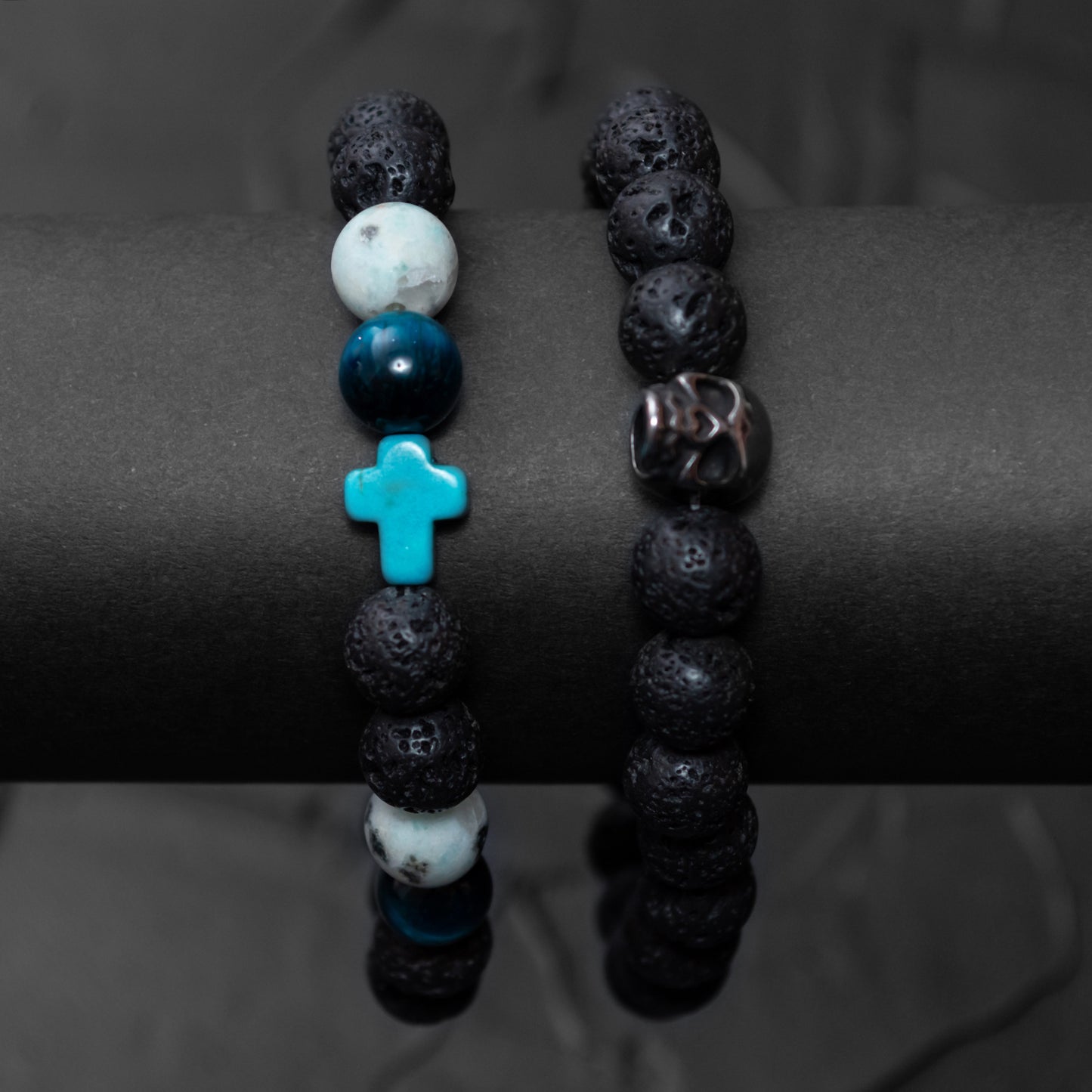 Lava Stone, Blue Tiger Eye, Turquoise Cross, and Stainless Steel Skull Bracelet Set for Men