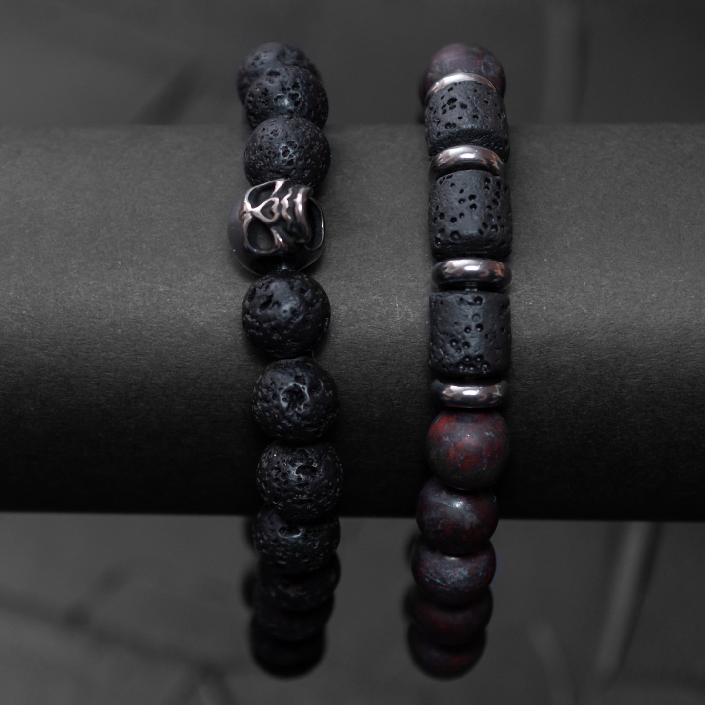 Lava Stone, Brecciated Jasper, and Stainless Steel Skull Bracelet Set for Women