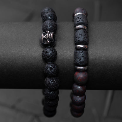 Lava Stone, Brecciated Jasper, and Stainless Steel Skull Bracelet Set for Men