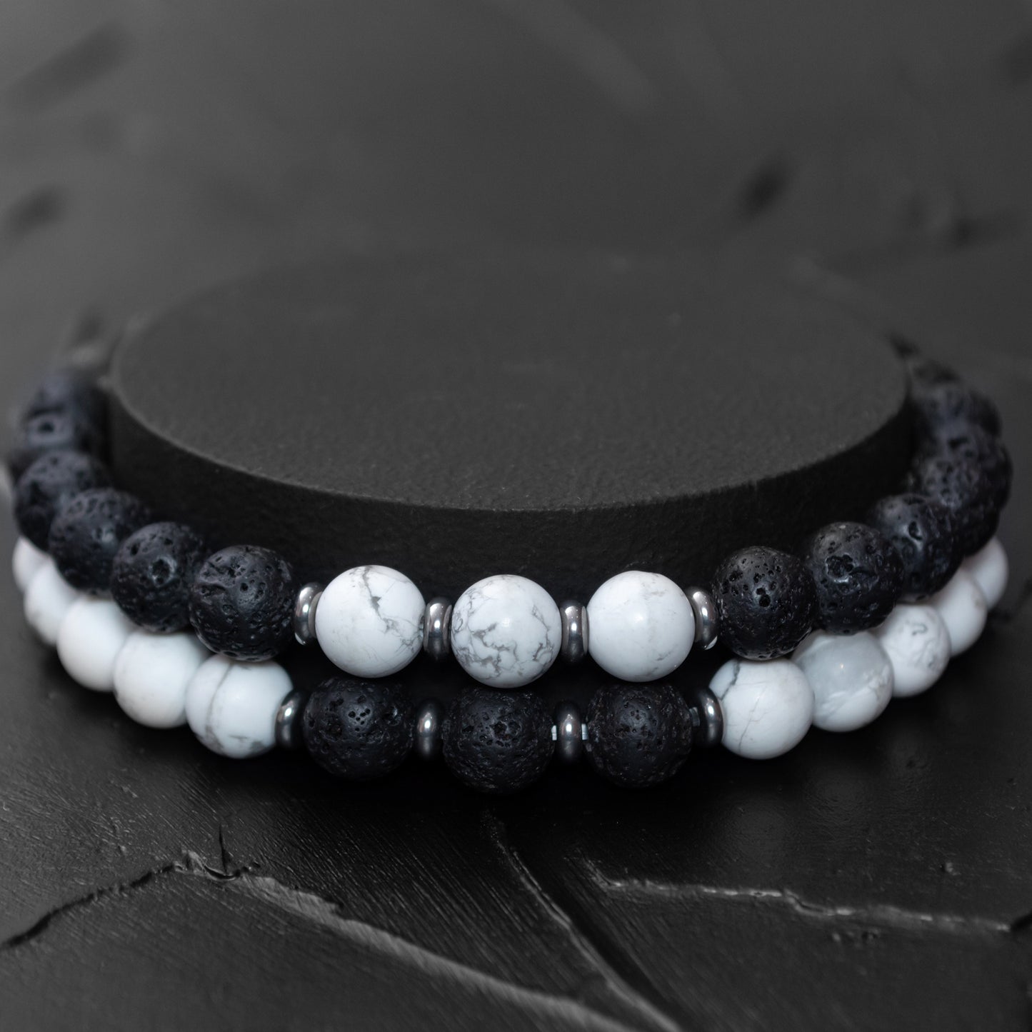 Matching Lava Stone and Howlite Couple's Bracelet Set