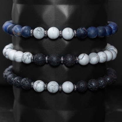 Trio Bracelet Set for Men: Lava Stone, Sodalite, and Howlite