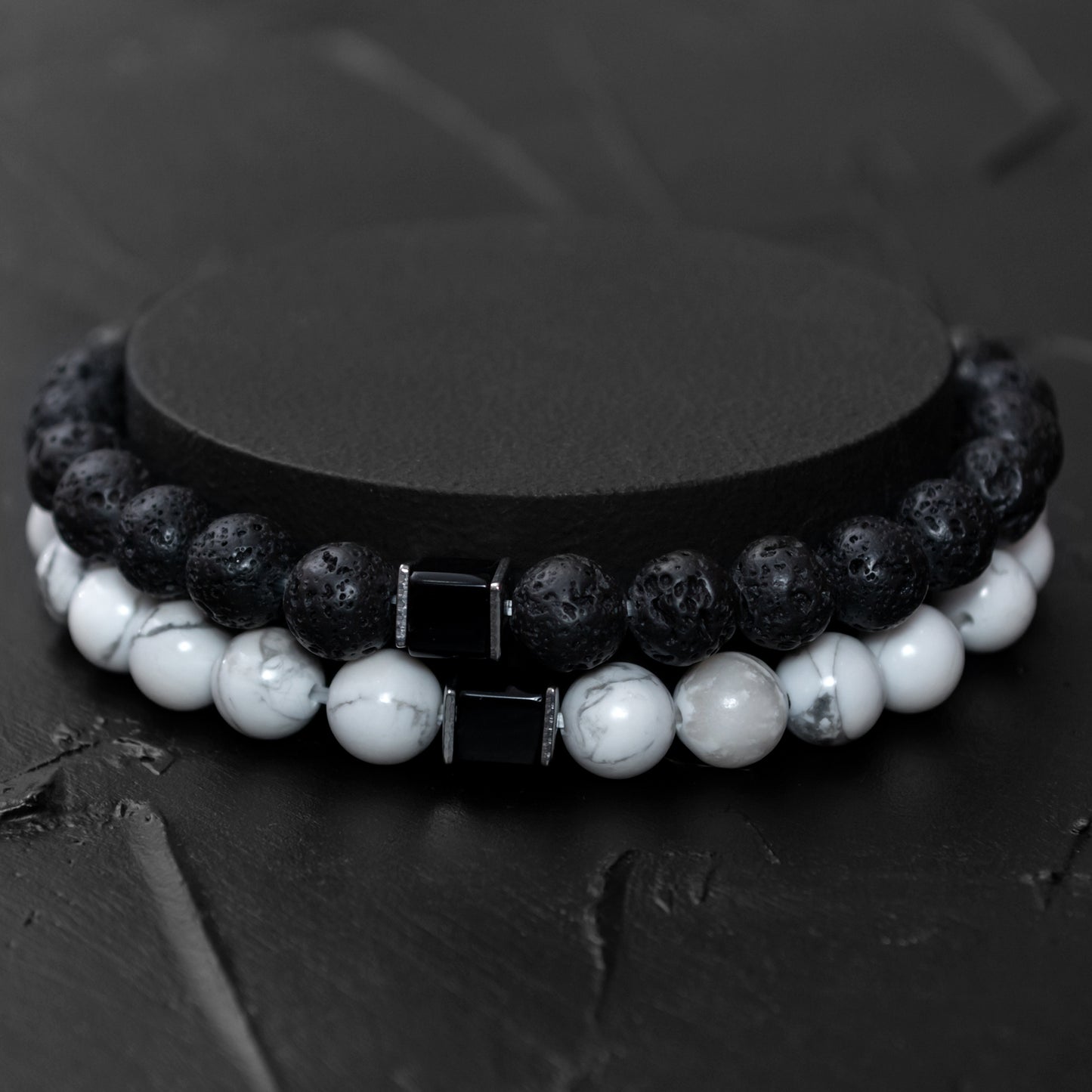 Lava Stone, Howlite, and Black Onyx Cube Bracelet Set for Men