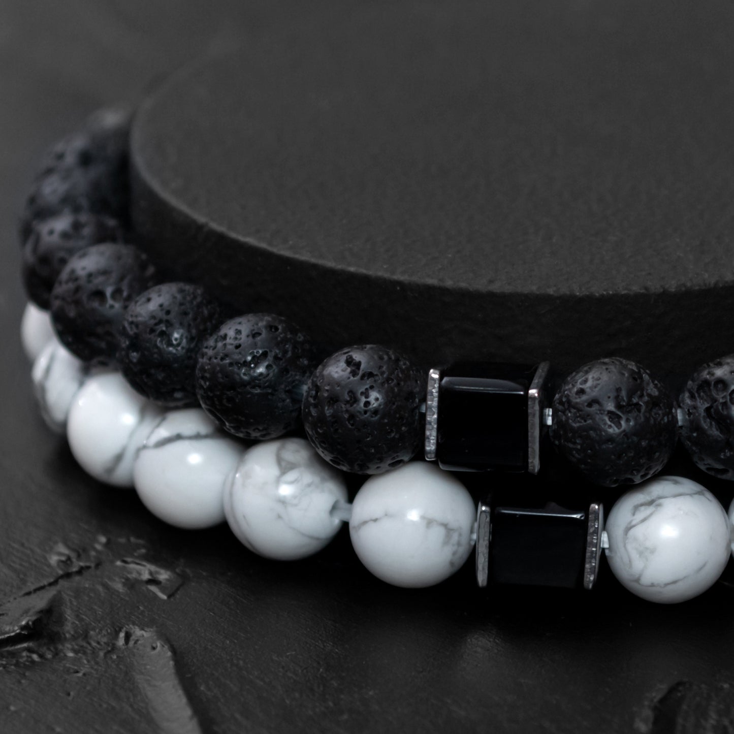 Lava Stone, Howlite, and Black Onyx Cube Bracelet Set for Men