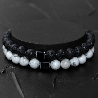 Couple's Bracelet Set: Lava Stone, Howlite, and Black Onyx