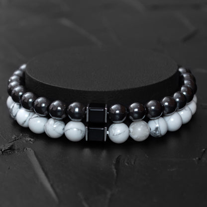 Howlite, Hematite, and Black Onyx Cube Bracelet Set for Men