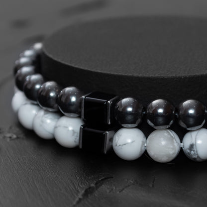 Howlite, Hematite, and Black Onyx Cube Bracelet Set for Men