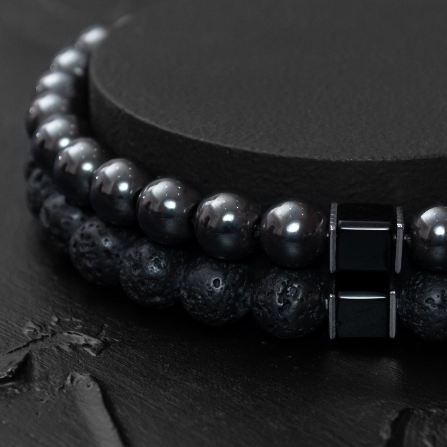 Lava Stone, Hematite, and Black Onyx Cube Bracelet Set for Men