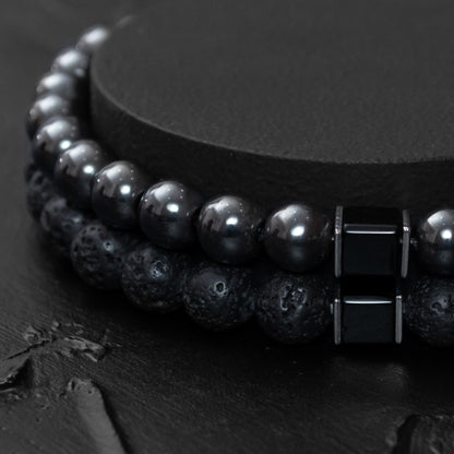 Lava Stone, Hematite, and Black Onyx Cube Bracelet Set for Women