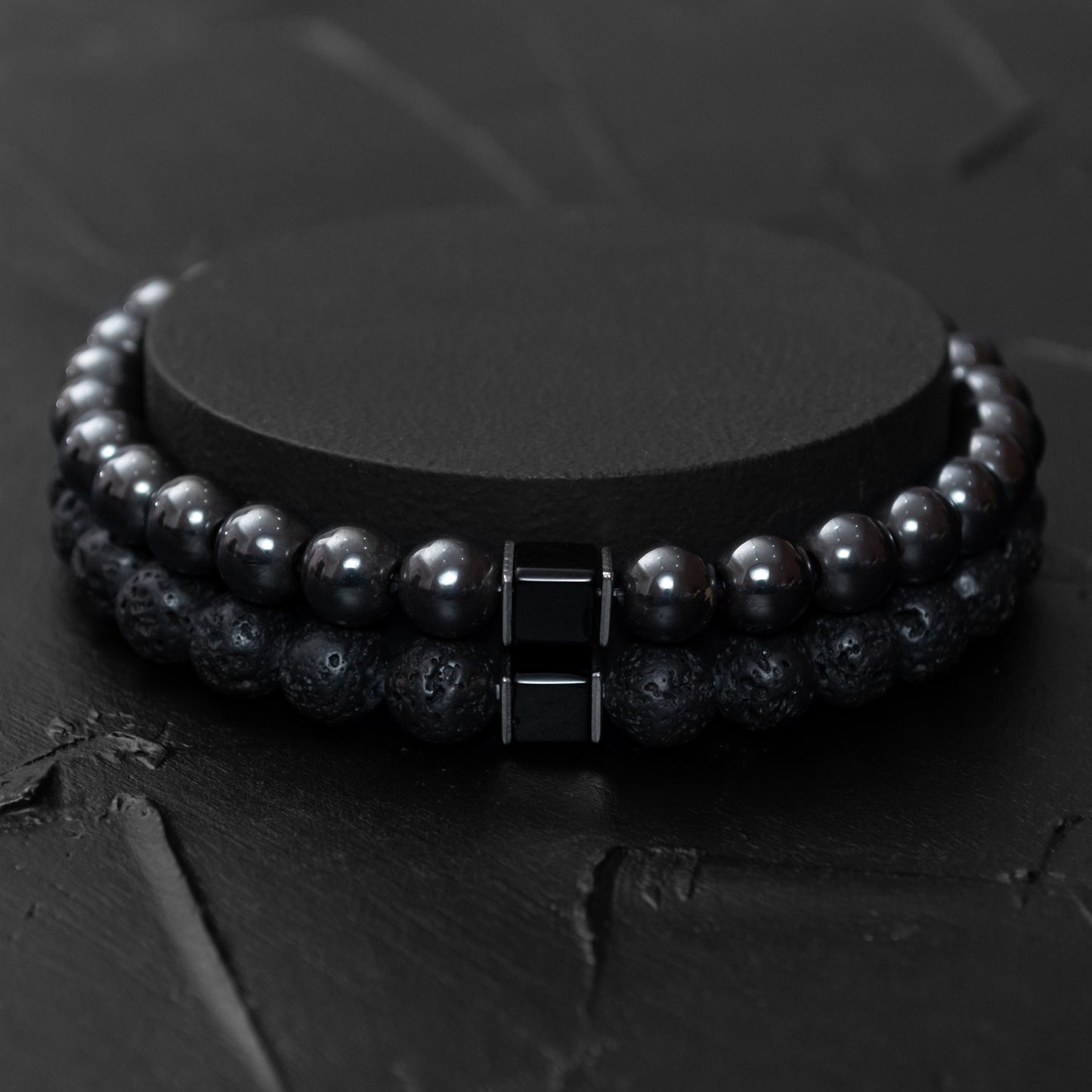 Lava Stone, Hematite, and Black Onyx Cube Bracelet Set for Women