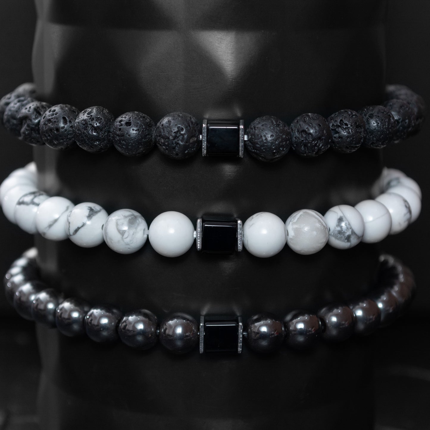 Lava Stone, Howlite, Hematite, and Black Onyx Cube Bracelet Set for Men