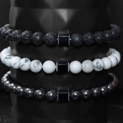 Lava Stone, Howlite, Hematite, and Black Onyx Cube Bracelet Set for Women