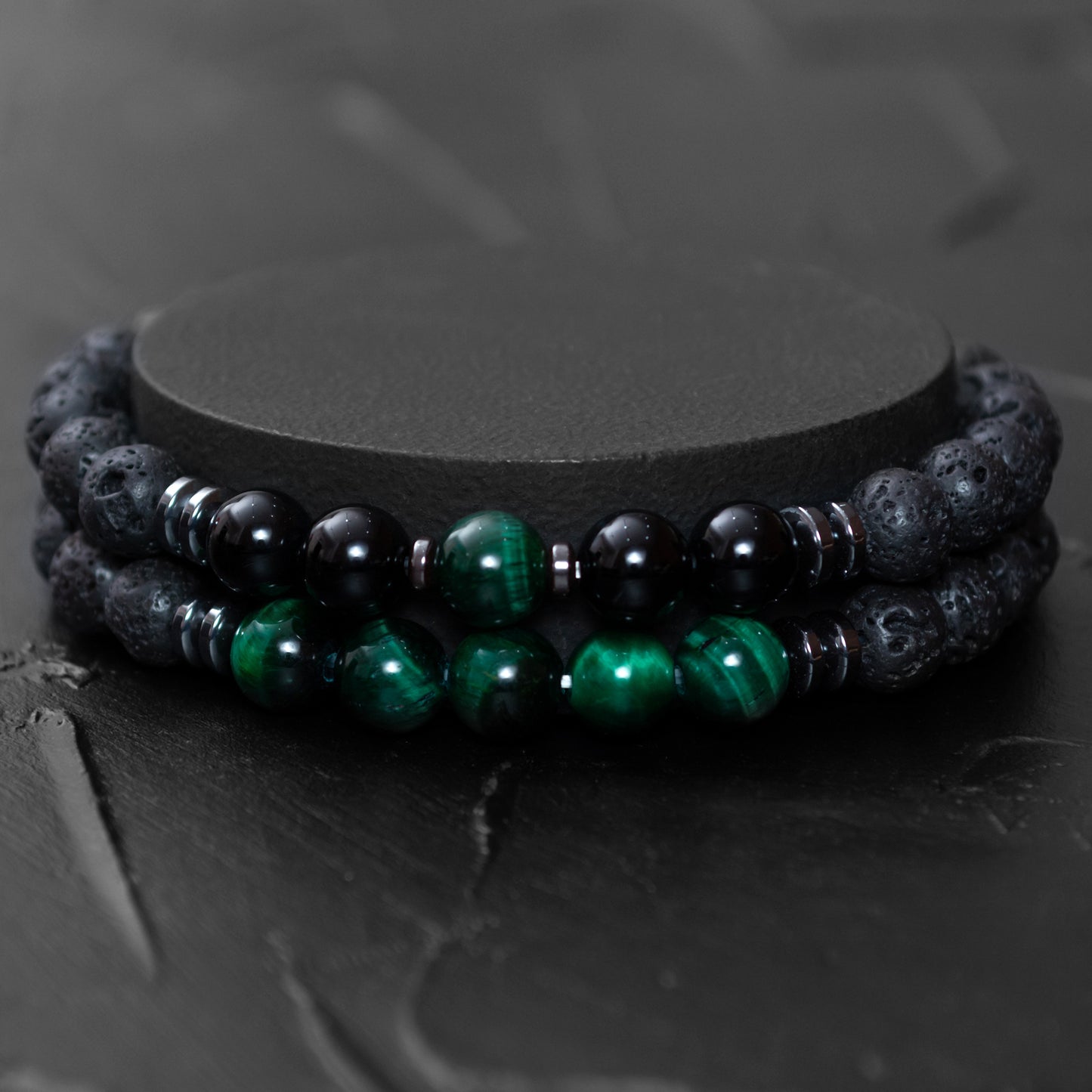 Lava Stone, Hematite, and Green Tiger Eye Bracelet Set for Men